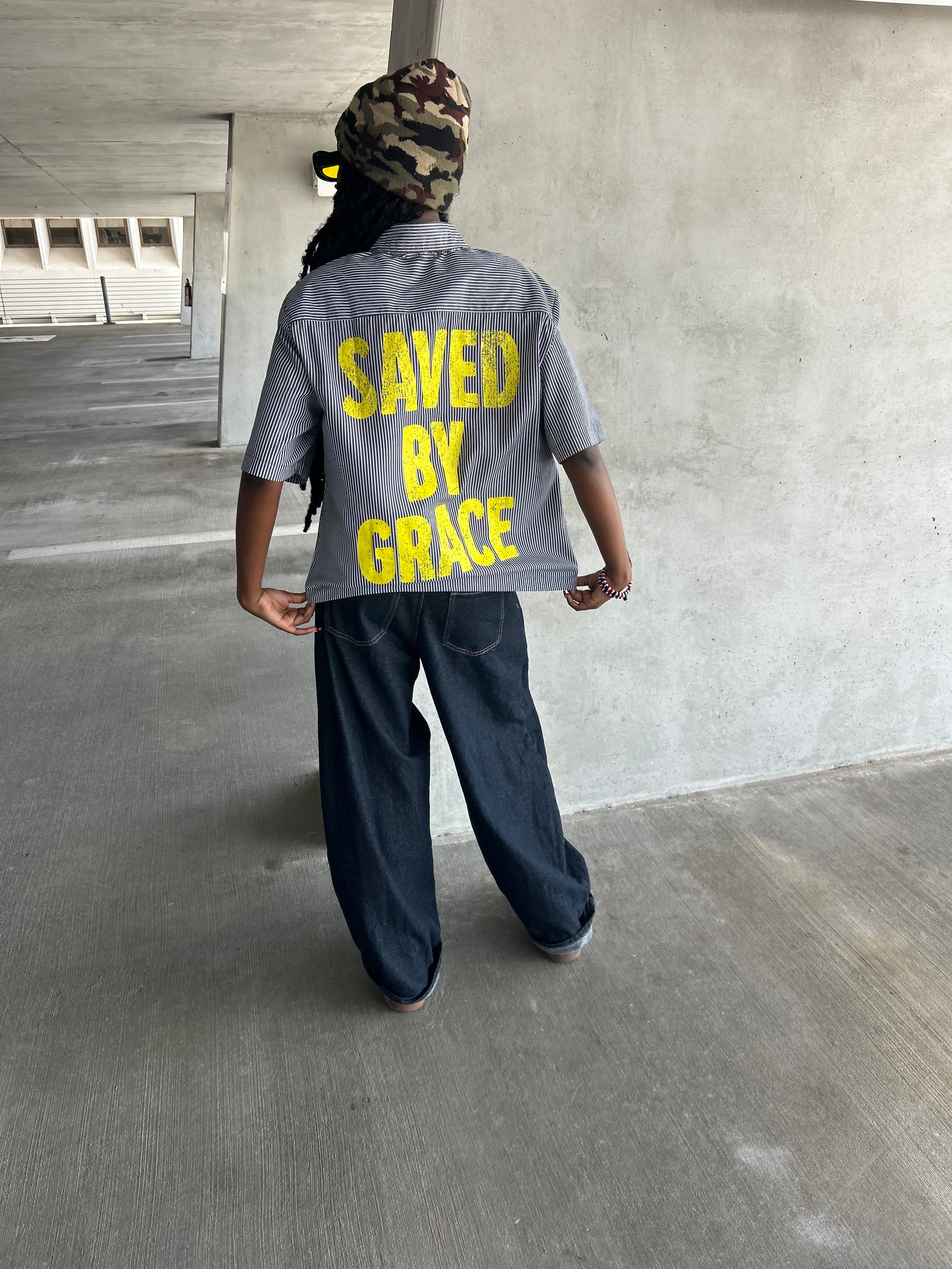 Saved By Grace - Unisex Oversized Stripe Boxy Tee